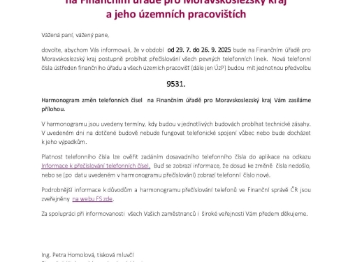 Finanční úřady v Moravskoslezském kraji mění telefonní čísla: Od konce července se přepíší všechny pevné linky.
